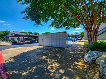 a parking lot with a tree in front of a building